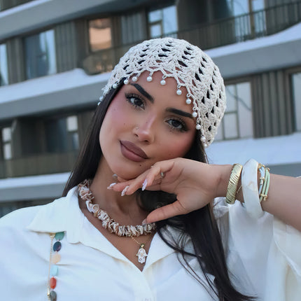 Korean Style Handmade Crochet Hat Women Summer Hollow Pearl Knitted Hat Fashion Mesh Hat Pullover Hat Cute And Sweet Beanie Hat