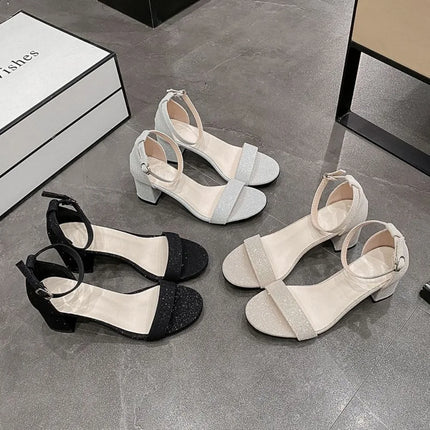 One line thick heel sandals for women 2025 new summer versatile mid heel fashion Roman style summer high heels 35-43