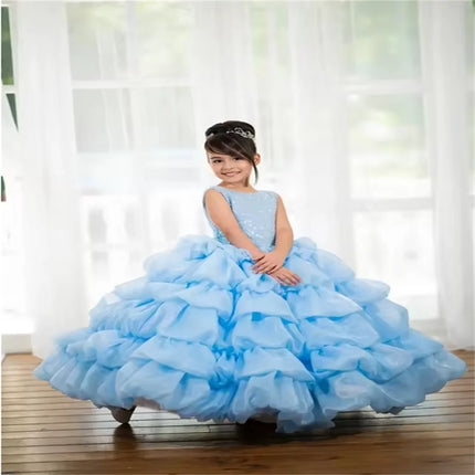 Customized Pink Flower Girl Dress For Wedding Layered Puffy Pearls Sequined Baby Kids Birthday Party First Communion Gowns