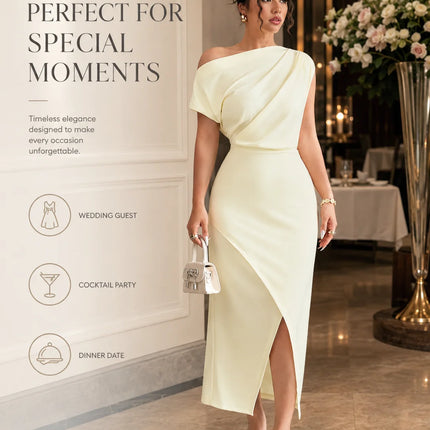 Stretchy Soft Women Off Shoulder Midi Dress, Draped Ruched Asymmetrical Wrap Split Bodycon Dress, Elegant Cocktail Party Wedding Guest Evening Formal Dresses