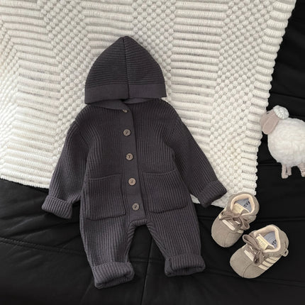2025 Autumn New Baby Long Sleeve Knit Romper Boy Girl Newborn Warm Hooded Jumpsuit Solid Toddler Sweater Infant Casual Clothes