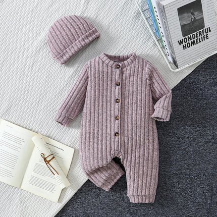 Baby Boy Autumn Winter Plaid Front Vintage Button Design Easy Wear Comfortable Soft Overall Style Simple Warm Hat Included