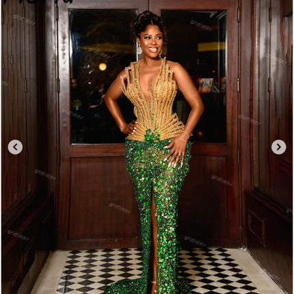 Aso Ebi Gold Green Mermaid Evening Dresses 2025 Luxury Africa Women Customized Bead Glitter Sequin Wedding Party Dress Plus Size