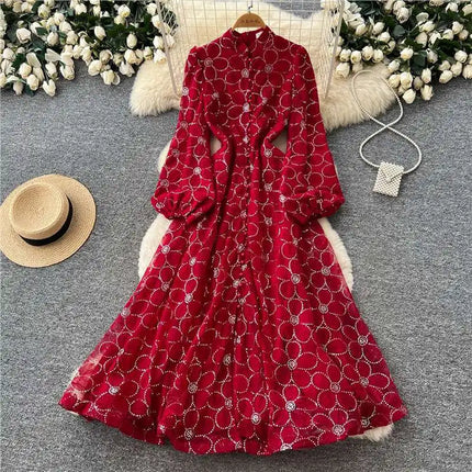 2026 Spring Autumn French High-end Women's Dress New Lace Embroidery Stand Lantern Sleeves Single Breasted Party Birthday Dress