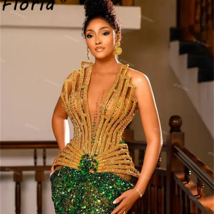 Aso Ebi Gold Green Mermaid Evening Dresses 2025 Luxury Africa Women Customized Bead Glitter Sequin Wedding Party Dress Plus Size