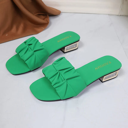 Hot Sale Ruched Strap Slide Sandals Women Rhinestone Inlay Low Block Heel Square Open Toe Casual Beach Vacation Mules 6 Colors