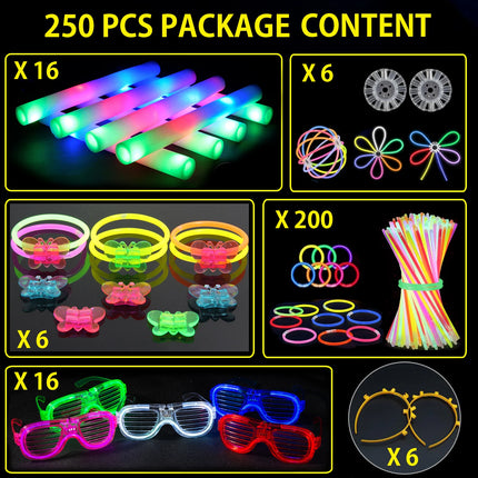 250 PCS Glow In The Dark Party Supplies Foam Glow Sticks LED Glasses Neon Party Favors For Birthday Wedding Christmas