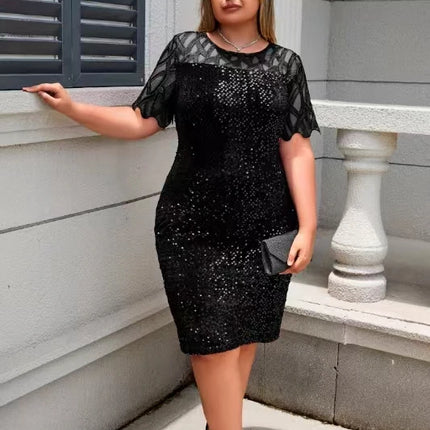 Party Dress Plus Size Ladies Midi Sequin Mesh Long Sleeve Lace Elegant Bodycon L-4XL 5XL Evening Dresses Woman Summer