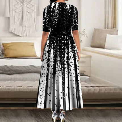 Women's Elegant Party Long Dresses Loose Round Neck Short Sleeves Retro Printed Casual Long Dress 2024