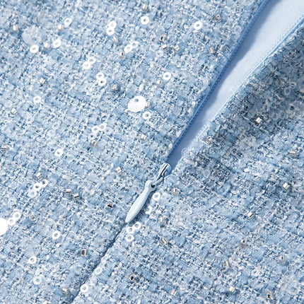 Classic Vintage Blue Sequin Beaded Tweed Sleeveless Mini Dress for Women Fall Party Cocktail Chic Elegant Trendy Casual Fashion