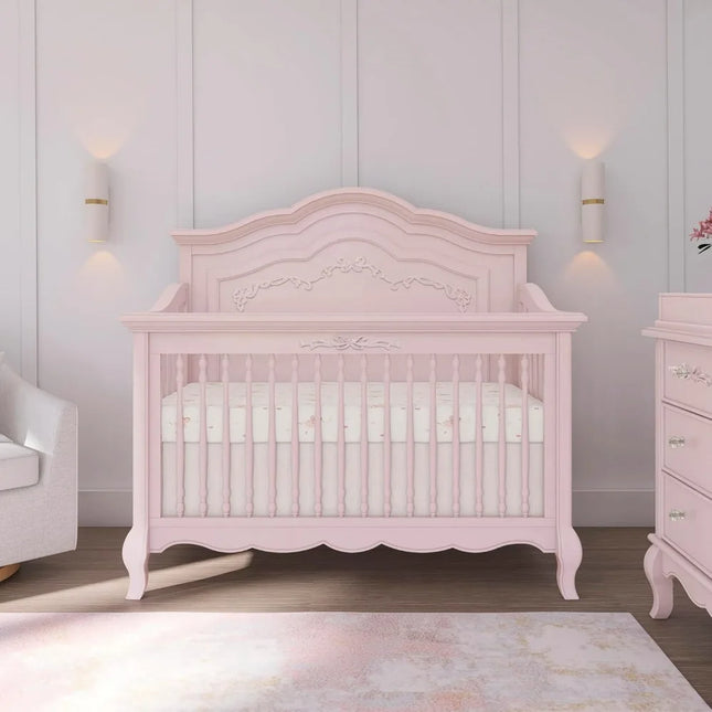 Aurora 5-in-1 Convertible Baby Crib Dusty Rose GreenGuard Gold 3 Mattress Heights Scrollwork