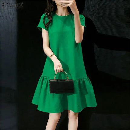 2026 Summer Sundress ZANZEA Women Solid Color Dress Elegant Ruffled Work Dresses Stylish Casual Holiday Party Knee Length Robe