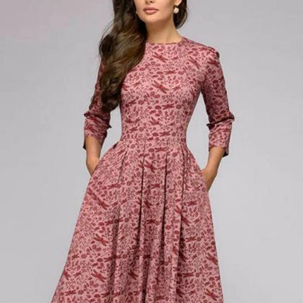 Vintage pleated tunic print dress women Elegant ladies A line dresses Long sleeve female autumn mixi party dress vestidos