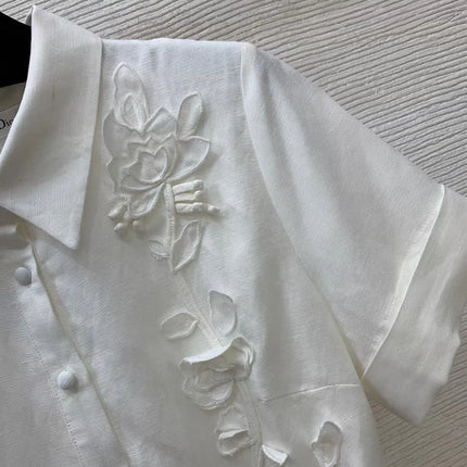 High quality women's 2026 new linen blend three-dimensional decal embroidery short sleeved lapel shirt dress with folded edges