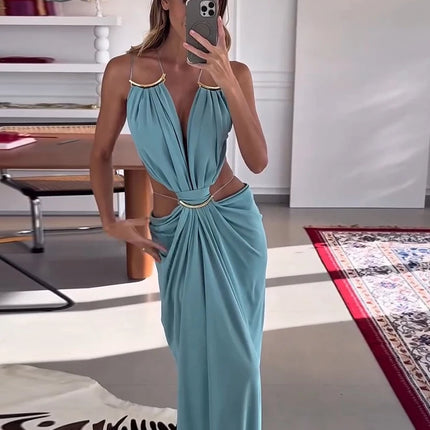 Sexy Women's Backless Dress Halter Sleeveless Waist Hollow Out Solid Female Dresses 2026 Summer Vacation Beach Fashion Lady Robe