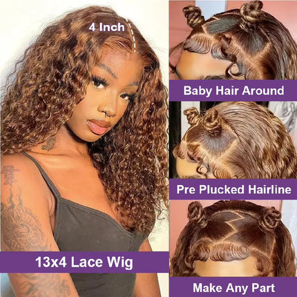 Highlight Curly Bob Wig Human Hair Deep Wave 13x4 HD Lace Front Wigs For Black Women Human Hair Pre Plucked Wear And Go Glueless Wet And Wavy Ombre Honey Blonde 4/27 Colored Wigs 26Inch