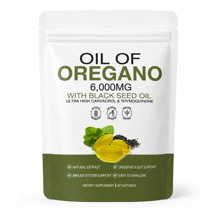 Oil of Oregano Softgels 6000mg with Black Seed Oil for Immune System & Digestive Support,Soy-Free Gluten-Free 60 Softgels