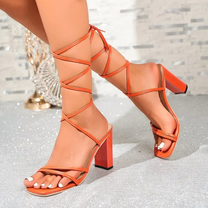 Women Lace Up Sandals Block Heel Strappy Cross Tie Ankle Wrap Square Open Toe Elegant Summer Casual Evening Party Footwear 2026