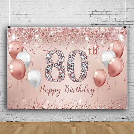 Rose Gold 80s Themed Banner Photography Background Cloth, Pink 80th Birthday Happy Party Decoration Photography Studio Backdrop