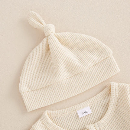 Newborn Baby Fall Footed Romper Solid Color Waffle Long Sleeve Crew Neck Zipper Jumpsuit with Hat