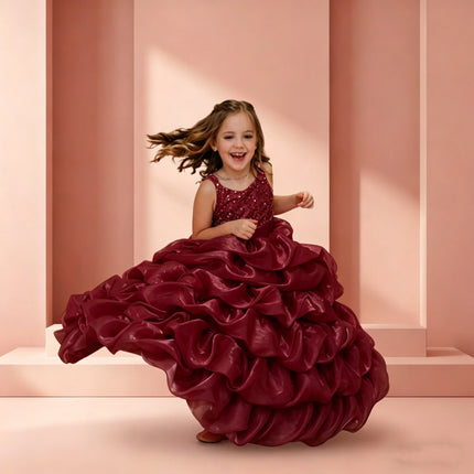Pink Sequin Multi-layer Pleated Dress Flower Girl Dress Customized Ball Drss Children's Birthday Party First Communion Dress