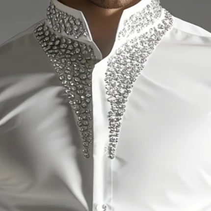 Luxury Rhinestone Shirt for Men Mandarin Stand Collar Crystal Embellished Cuff Long Sleeve Slim Fit Party Wedding Formal Blouse