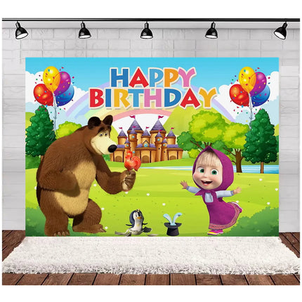 Children's Birthday Theme Party Decoration Backdrop Girl and Bear Birthday Party Decor Banner Baby Baptism Party Supplies Gift