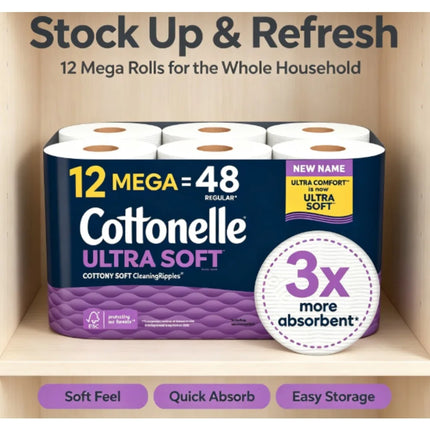 Cottonelle Extra Soft Toilet Paper, Strong and Durable, 12 Rolls Per Pack