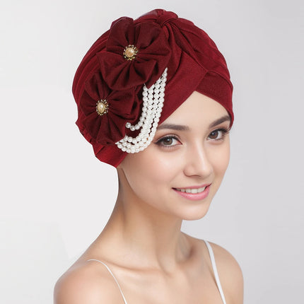 Pearls Beading Turban Cap for Women Flower Design Female Head Wraps Muslim Headscarf Bonnet Hairloss Hat Cover