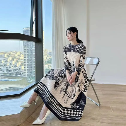 Beautiful Womens Dresses Spring New Printed Loose Folding Dress with Round Neck and Long Sleeve Fashion Temperament Long Dresses