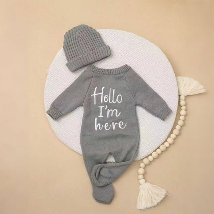 Ylsteed “Hello I'm Here‘ Knitting Newborn Photography Romper with Hat Baby Boy Girl Sweater Photo Shooting Coming Home Outfit-HD