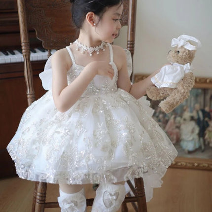 Girls' New Summer  Lace Strap Floral Bow Trailing Princess Dress