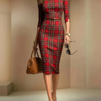 Classic Plaid Seven-Quarter Sleeve Boat Neckbodycon Dress Elegant Style Mid-Waist Long Skirt Polyester Fabric for Date