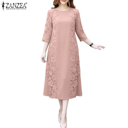 ZANZEA Women Stylish Lace Patchwork Dresses 2025 Autumn 3/4 Sleeve Office Sundress Embroidered Midi Robe Elegant Party Dress