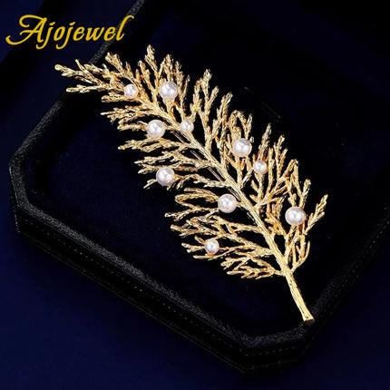 Ajojewel Christmas Cypress Branch Brooch Golden Leaf Jewelry With White Pearls Guest Birthday Gifts