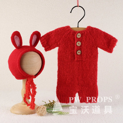 Newborn Knitted Angola Fuzzy Romper Baby Animal Outfit Photography Props Baby Cartoon Wolf Footed Overall Sets Photo Props