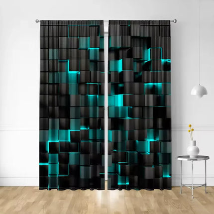 2PC Black Teal 3D Cube Light Sheer Curtains - Modern Futuristic Geometric Print Window Drapes for Living Room Bedroom Decor
