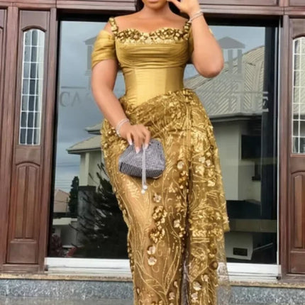Fabulous Brown Lace Evening Dresses African Traditional Wedding Bride Dress Luxury Beads Lace Birthday Dress Asoebi Costomized