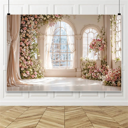 European Castle Window Wedding Backdrop Elegant Pink Rose Floral Arched Wall Photography Background for Birthday Party Decor
