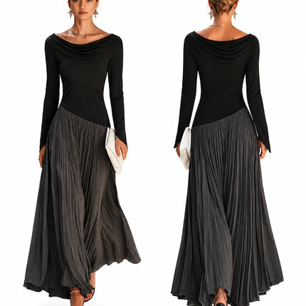 Women Draped Cowl Neck Long Sleeve Maxi Dress Asymmetrical Spliced Pleated Flowy Long Dress Elegant Cocktail Wedding Guest Formal Party Evening Dresses