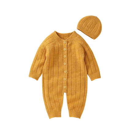 2022-06-29 Lioraitiin Infant Winter Jumpsuit and Cap, Solid Color Long Sleeve Single-breasted Knitted Romper, 0-18 Months