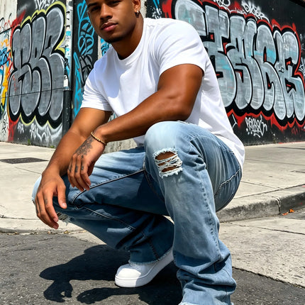 HME Men's Light Blue Denim Pants, Distressed Flared Jeans with Knee Rips & Frayed Hem for Streetwear