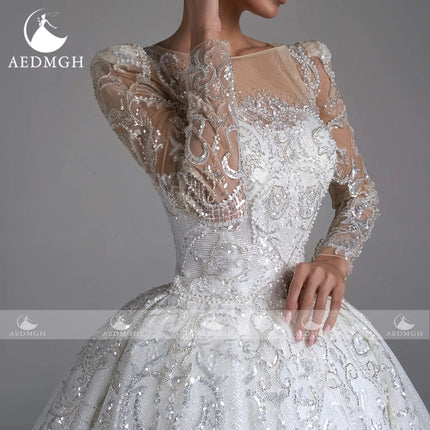 Aedmgh Ball Gown Shiny Wedding Dresses Boat Neck Long Sleeve Bride Dress Lace Beaded Sequined Glamorous Custom Made Bridal Gown