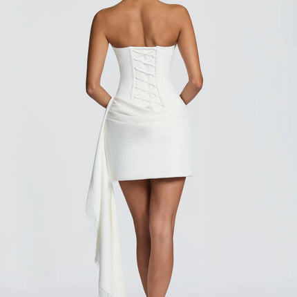 Women Lace Trim Patchwork Strapless Ribbon Bodycon Dress Sexy Ruched Pleated Backless Lace Up Short Dresses Evening Party Gowns