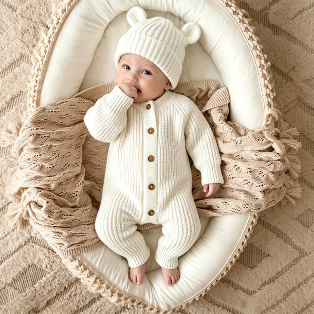 "little baby" Embroidery Knitting Newborn Birth Announcement Outfits Baby Bear Ears Photography Jumpsuit Infant Photo Props-HD