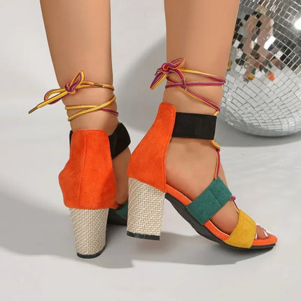 Women's Lace Up Sandals Open Toe Suede Look Strappy Design Woven Look Block Heel Casual Party Dress Footwear for Spring Summer