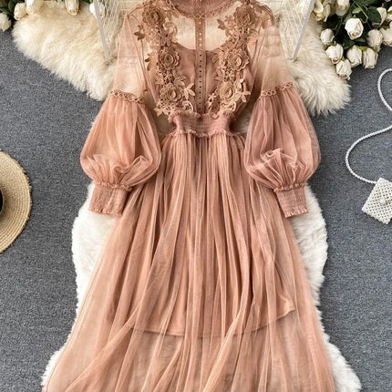 Ladies Dress Three-dimensional Flower Hook Mesh Temperament Stand Collar Lantern Sleeve High Waist Slim Female Dresses