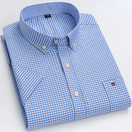 New Men's Social Shirt Short Sleeve 100% Pure Cotton Oxford Soft Buttoned Plaid Formal Male Clothes Pocket Social Shirt S-7XL