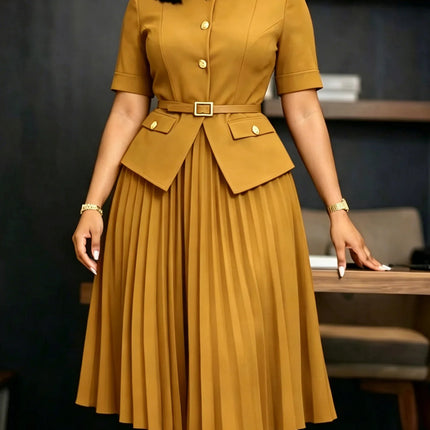 Women's Plus Size Spliced Pleated Dress Summer New Round Neck Solid Color Maxi Dress