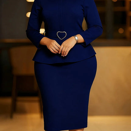 Mlaiscsr African Women Formal Office Work Mid Dress with Belt Evening Club O Neck Long Sleeve High Waist Pencil Bodycon Vestidos